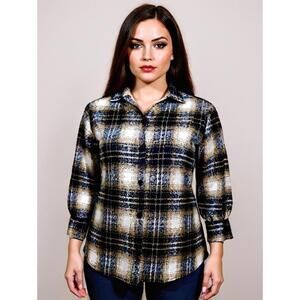 Boohoo women's Shaket button down plaid grunge Blue Tan sz 6 US 10 Uk